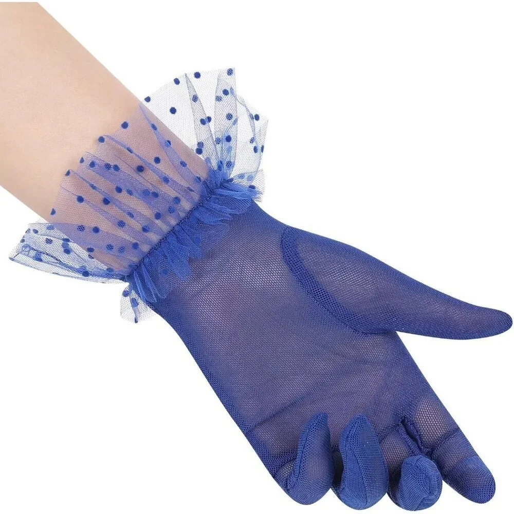 Women's Short Lace Royal Blue Sheer Mesh Tea Party Prom Gloves Banquet Costume